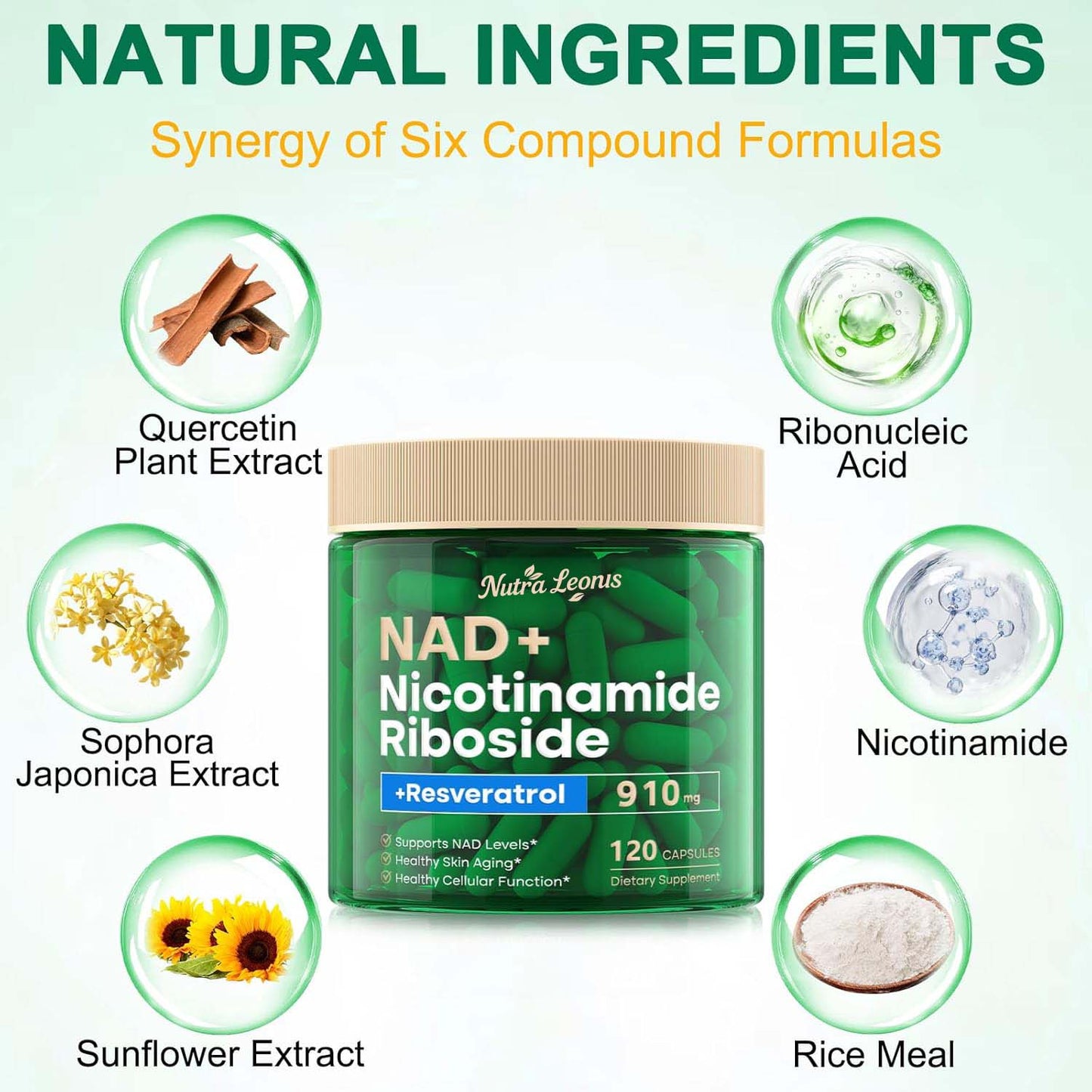 NUTRALEONIS NAD Supplement, NAD Nicotinamide Riboside 910 Mg for Men and Women, Liposomal Nicotinamide Riboside Resveratrol, for Anti-Aging, Energy, Focus, Boost NAD+ - 120 Capsules