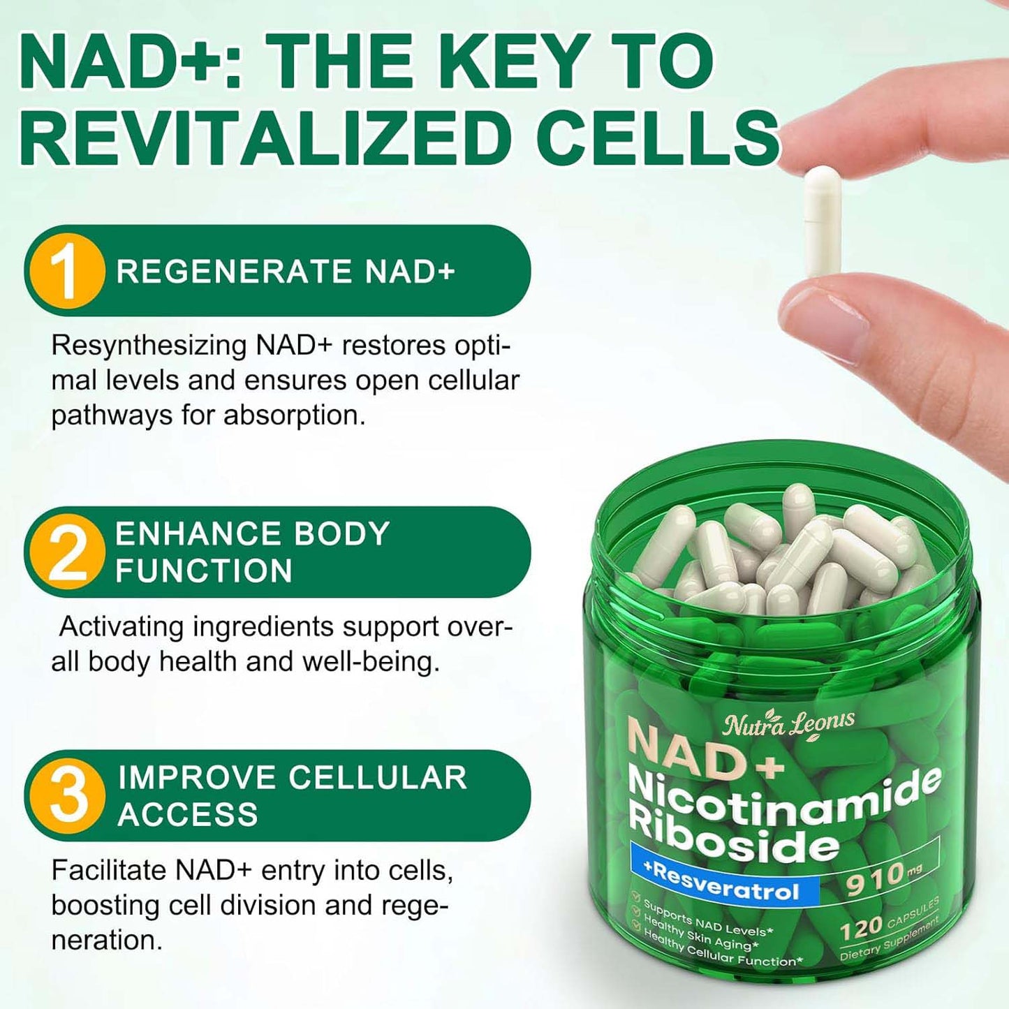 NUTRALEONIS NAD Supplement, NAD Nicotinamide Riboside 910 Mg for Men and Women, Liposomal Nicotinamide Riboside Resveratrol, for Anti-Aging, Energy, Focus, Boost NAD+ - 120 Capsules