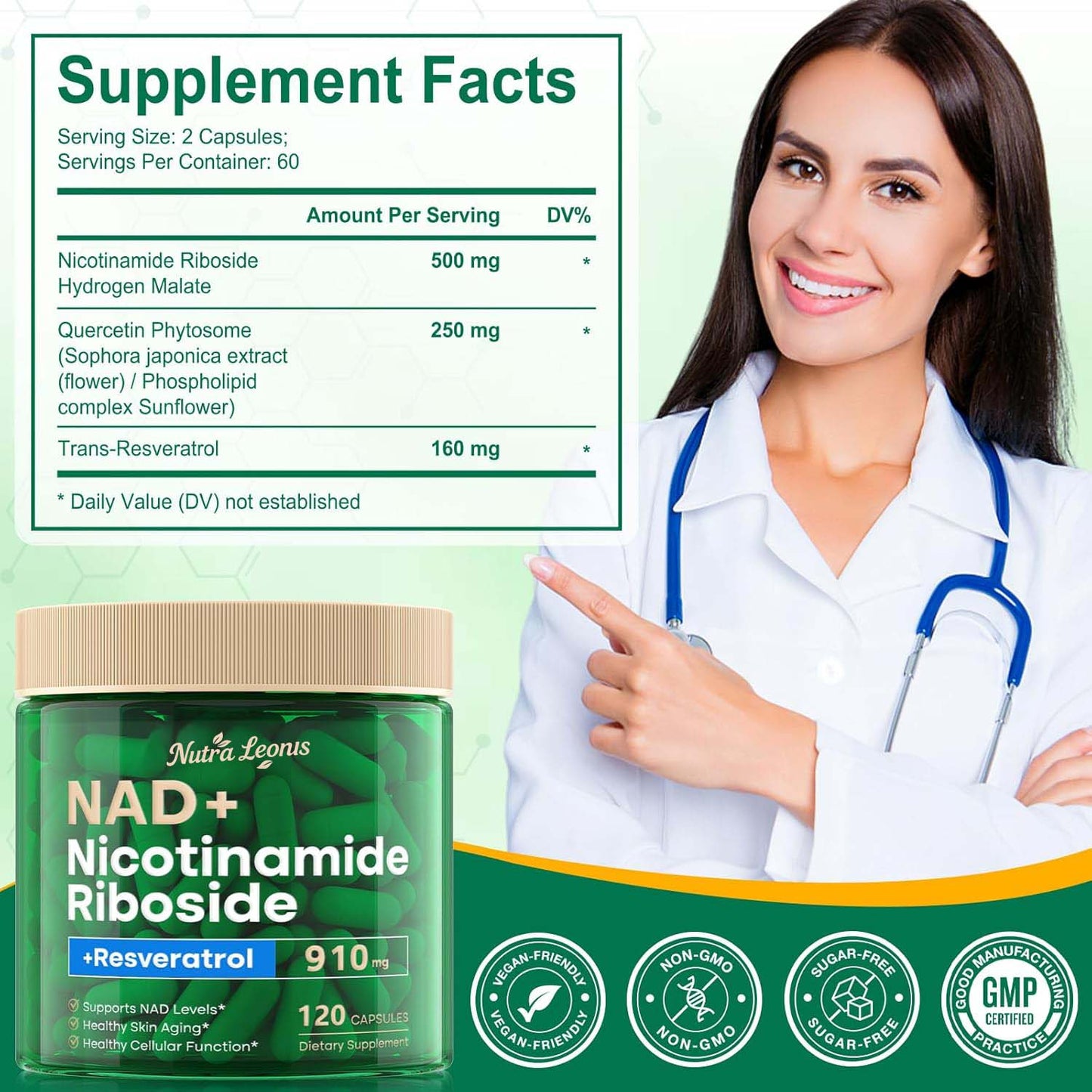 NUTRALEONIS NAD Supplement, NAD Nicotinamide Riboside 910 Mg for Men and Women, Liposomal Nicotinamide Riboside Resveratrol, for Anti-Aging, Energy, Focus, Boost NAD+ - 120 Capsules