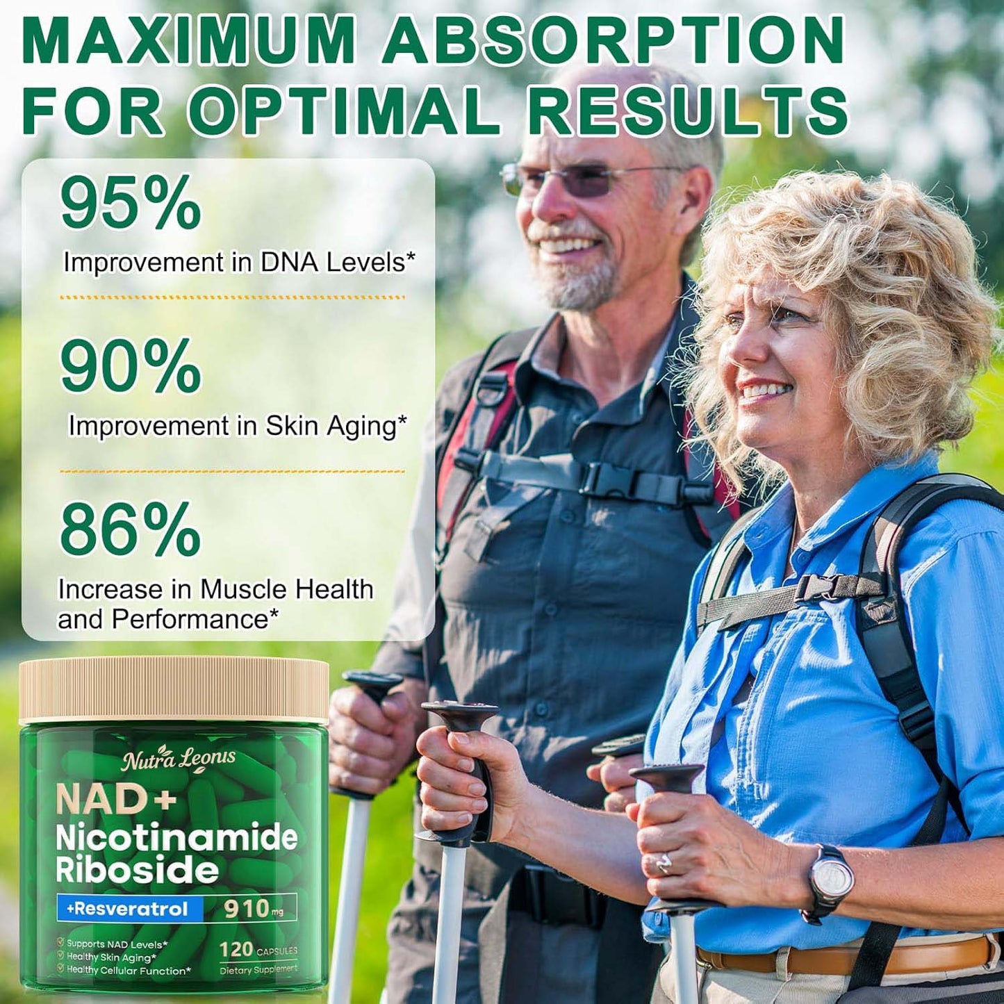 NUTRALEONIS NAD Supplement, NAD Nicotinamide Riboside 910 Mg for Men and Women, Liposomal Nicotinamide Riboside Resveratrol, for Anti-Aging, Energy, Focus, Boost NAD+ - 120 Capsules
