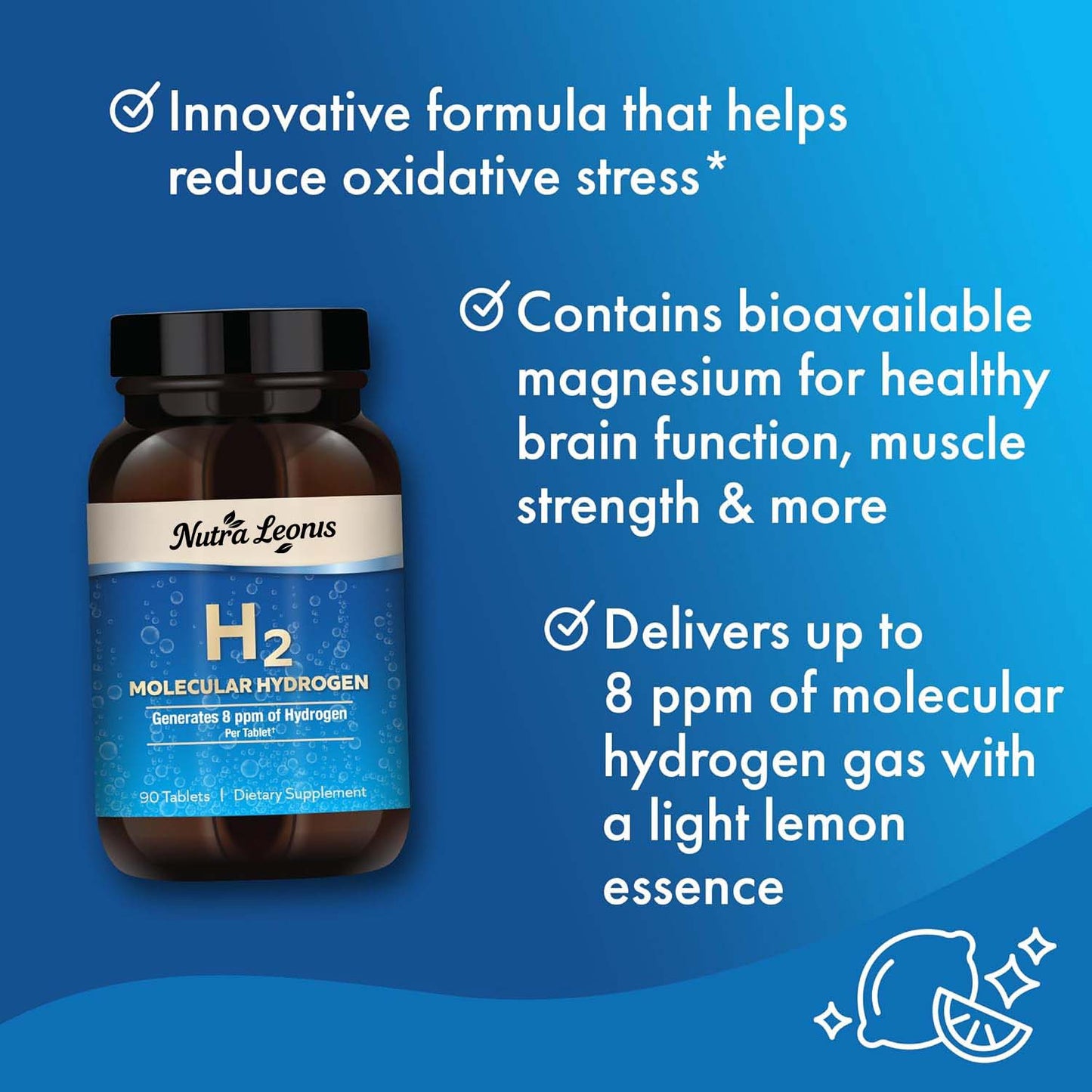 NUTRALEONIS H2 Molecular Hydrogen - Supports Healthy Aging, Cellular Energy & Brain Health - with Elemental Magnesium - GMO-Free, Gluten-Free & Soy-Free - 90 Tablets (90 Servings)
