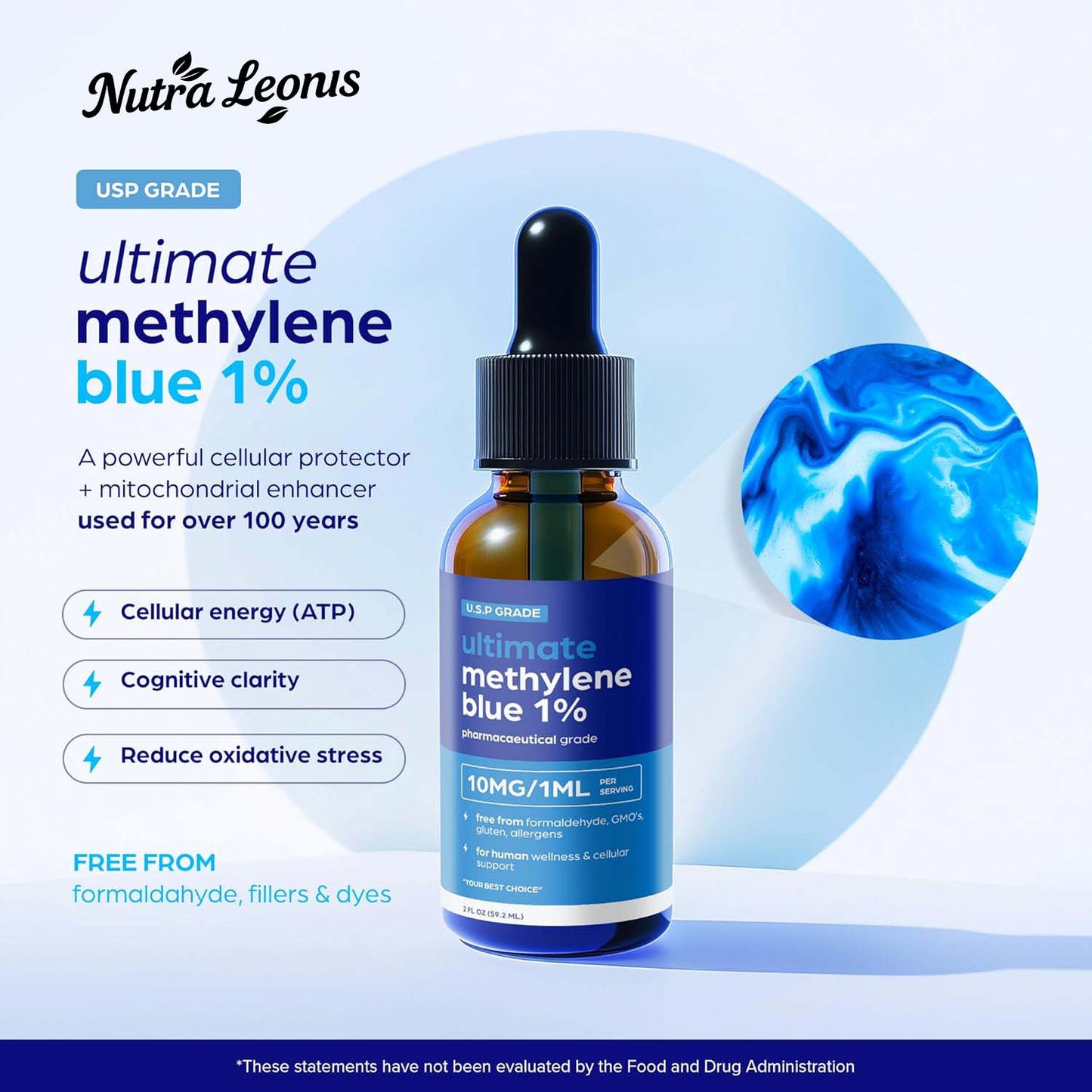 NUTRALEONIS Methylene Blue Pharmaceutical Grade 2oz– USP Grade 1% Solution with Balanced Electrolyte SolutionThird-Party Tested Brain Health Supplement for Humans –No Formaldehyde High Cognitive Support