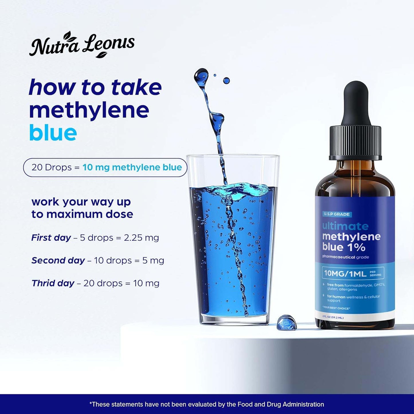 NUTRALEONIS Methylene Blue Pharmaceutical Grade 2oz– USP Grade 1% Solution with Balanced Electrolyte SolutionThird-Party Tested Brain Health Supplement for Humans –No Formaldehyde High Cognitive Support