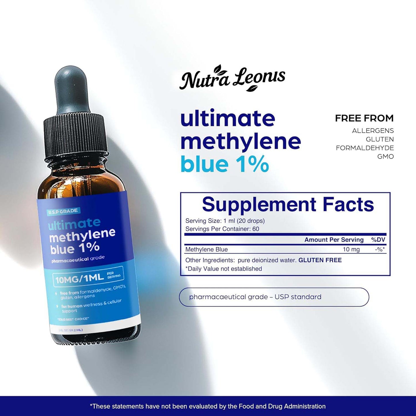 NUTRALEONIS Methylene Blue Pharmaceutical Grade 2oz– USP Grade 1% Solution with Balanced Electrolyte SolutionThird-Party Tested Brain Health Supplement for Humans –No Formaldehyde High Cognitive Support